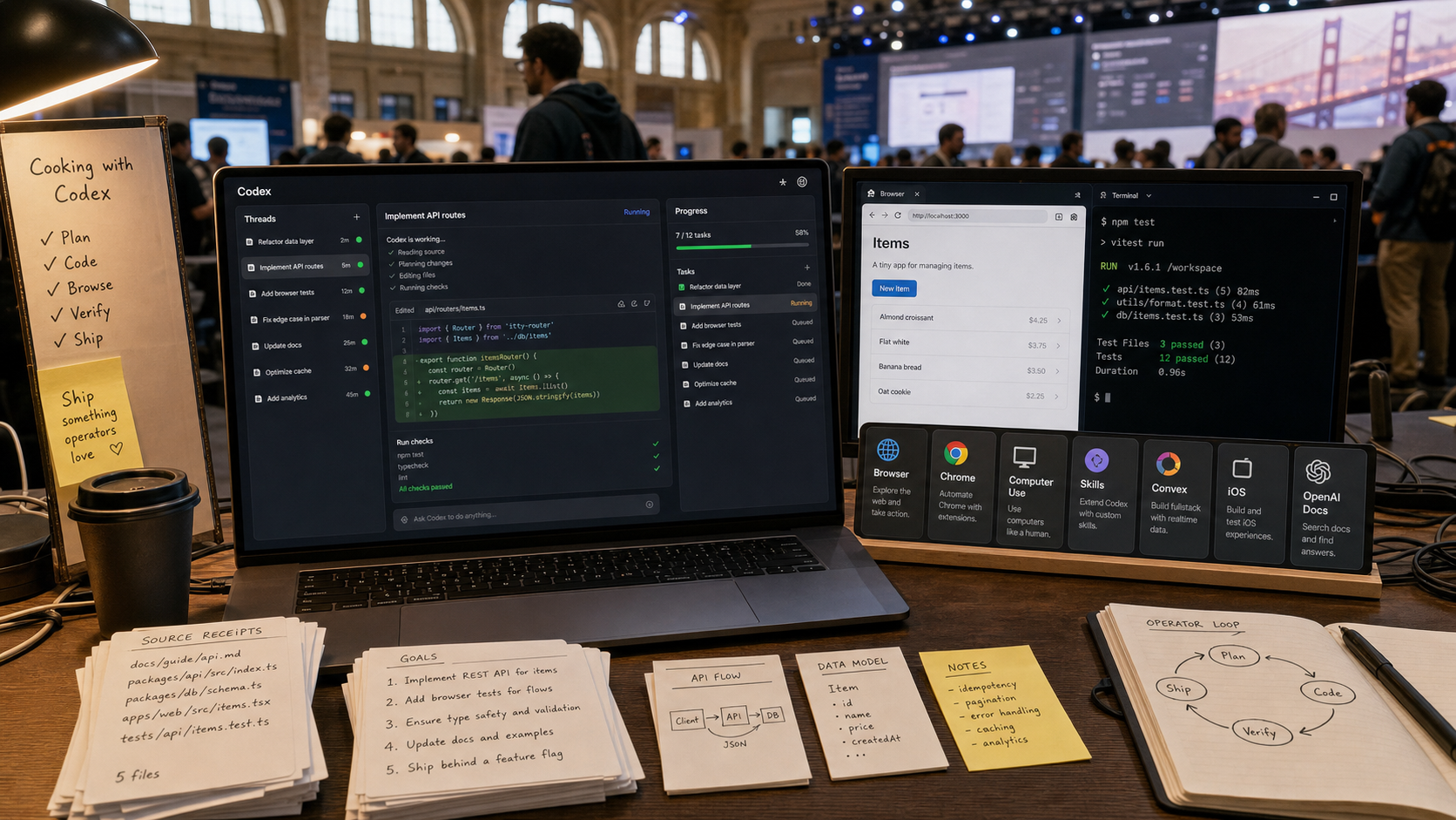 Illustrated Codex workbench with browser preview, terminal receipts, goal dashboard, and plugin cards.